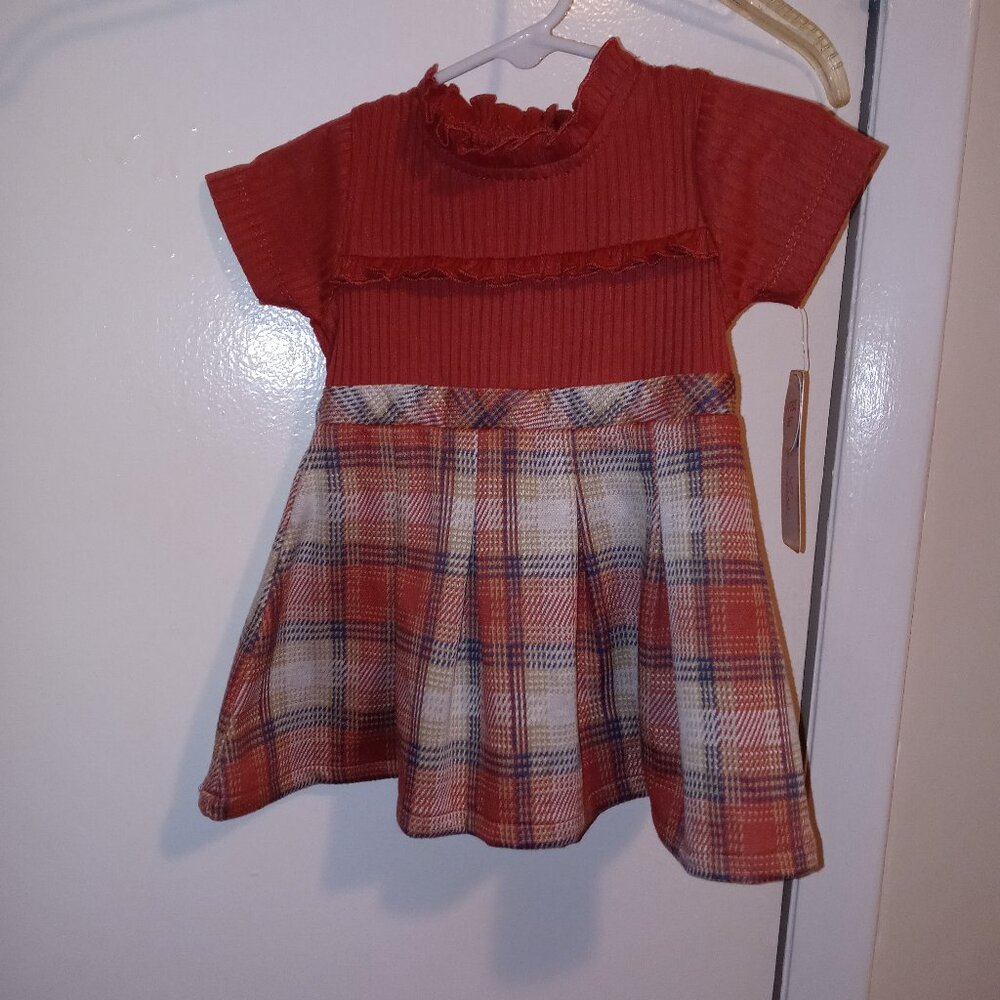Little Lass 3 PC Multicolor Plaid Dress/Panty/Denim Vest 3/6M